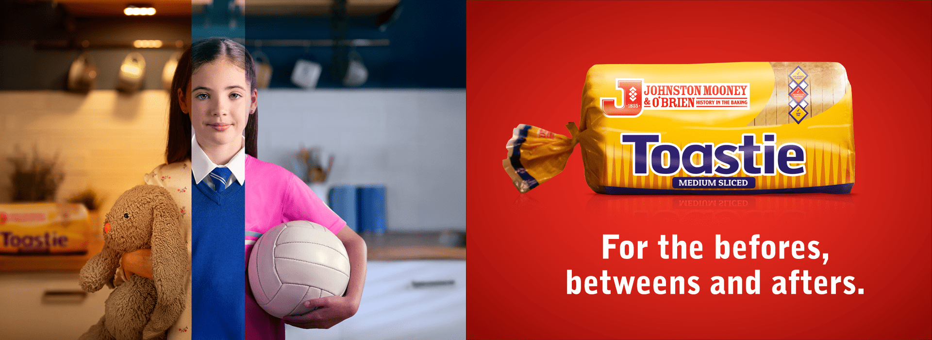 Image of a little girl split up three ways; Bedtime, School & Sports. Loaf of Toastie bread on right with the text 'for the befores, betweens and afters.